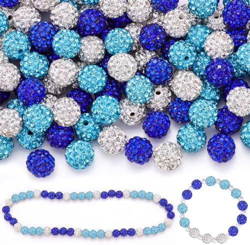 90pcs 10mm Rhinestone Beads for Jewelry Making, Aquamarine+Dark Blue+White Shiny Round Shamballa Disco Beads, Sparkle Crystal Clay Christmas for Bracelet Baseball Necklace Earring and DIY by TINKRSTUFF