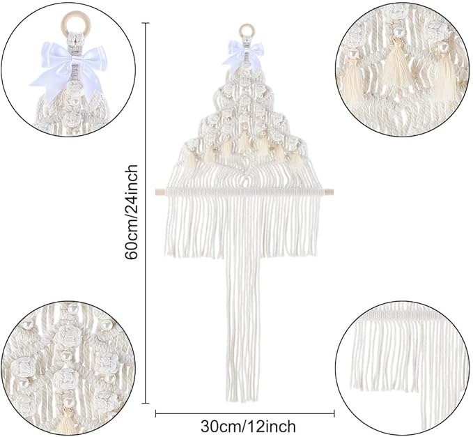 FREEBLOSS Macrame DIY Kit Christmas Tree Macrame Tassels Wall Hanging Christmas Tree Hanging Ornaments White Wall Tassels Tapestry with Wooden Star for Handmade Craft Beginners