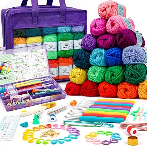 Inscraft Crochet Yarn Kit for Beginners Adults & Kids, Includes 1650 Yards 30 Colors Acrylic Skeins, Hooks, Purple Bag etc, Make Amigurumi & Crocheting Projects, Starter Set for Professionals by INSCRAFT