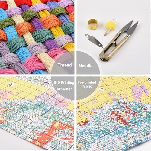 HKLIOPU Stamped Cross Stitch Kits - Floral Embroidery Starter Kit for Adult Beginners, 11CT Needlepoint Cross-Stitch Patterns Dimensions Kit Arts and Crafts 16x16 inch - Image 6