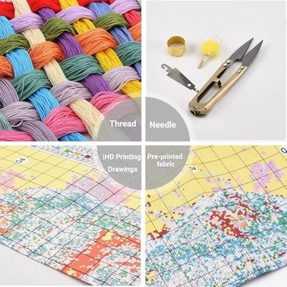 HKLIOPU Stamped Cross Stitch Kits - Floral Embroidery Starter Kit for Adult Beginners, 11CT Needlepoint Cross-Stitch Patterns Dimensions Kit Arts and Crafts 16x16 inch - Image 6