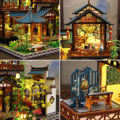 Plustopoy DIY Miniature House Kit: Villa Tiny House Kit with LED Light - DIY Wooden Dollhouse Miniature Kit for Adults Teen, Wooden Crafts Vintage Courtyard Doll House Kit, Great Handmade Crafts Gift - Image 3