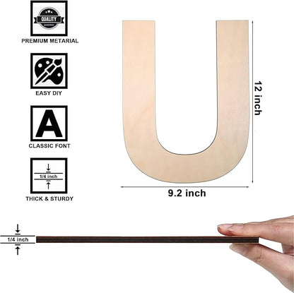 12 Inch Wooden Letter U, 1/4 Inch Thick Large Unfinished Wood Letter for DIY Crafts Home Wall Decor