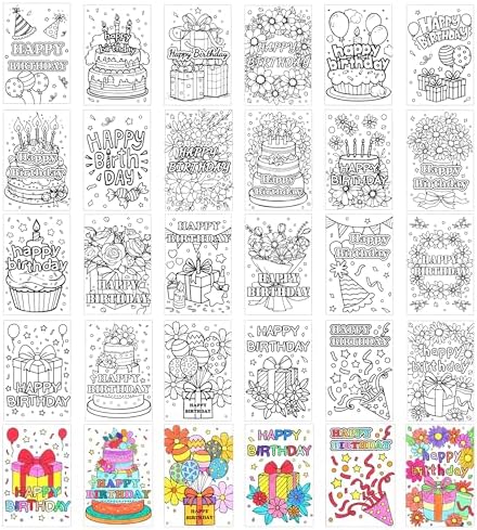 Birthday Coloring Cards, 24 Unique Blank Greeting Card Set with Cakes, Flowers & Gifts, DIY Art Craft for Kids, Adults, Holiday Gift Ideas for Mom, Friends, Thank You & Greeting Card Collection by VYRANA