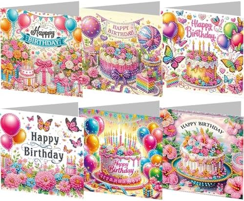 6PCS Diamond Art Painting Greeting Cards Kit, Birthday Themed DIY Card Making Set with Crystals and Envelopes, Creative Craft for Adults, Fun Party Activity and Personalized Gift by Unknown