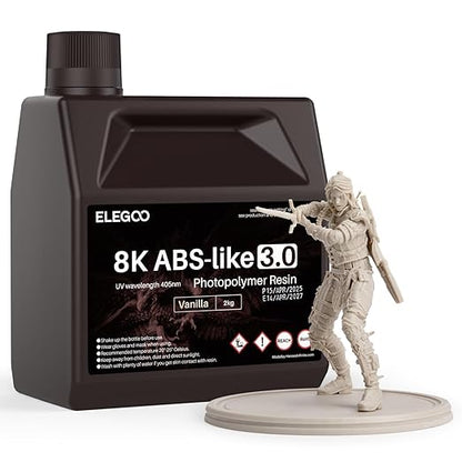 ELEGOO ABS-Like 8K 3D Printer Resin 3.0, 405nm UV-Curing Photopolymer Resin for 12K/14K/16K Mars Saturn Jupiter MSLA DLP LCD 3D Printing with Strength and Toughness, Vanilla 2000g