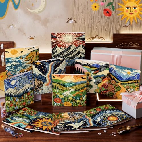 Saillong 12 Pack Boho Diamond Painting Greeting Card Kits DIY Vintage Boho Diamond Art Cards with Envelopes Landscape 5D Rhinestones Painting for Adults DIY Craft Family Friend Gifts - Image 7