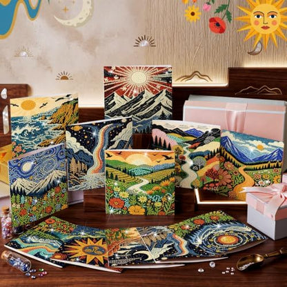 Saillong 12 Pack Boho Diamond Painting Greeting Card Kits DIY Vintage Boho Diamond Art Cards with Envelopes Landscape 5D Rhinestones Painting for Adults DIY Craft Family Friend Gifts - Image 7