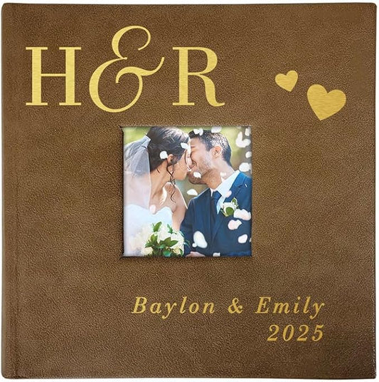 Personalized Wedding Photo Album, Holds 200 4" x 6" Photos, Engraved Couples Initials Leatherette Picture Album, Wedding Engagement Gift, Brown Photo Album