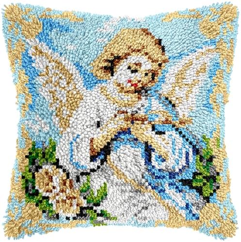 Manzapu Latch Hook Pillow Kits for Adults Beginner 17x17 inch - 43x43 cm Cute Small Shaggy Pillow Making Kits with Pre-Cut Yarn, Coded Canvas ＆ Crochet Hook Tool - Relaxing DIY Craft Gift by Manzapu