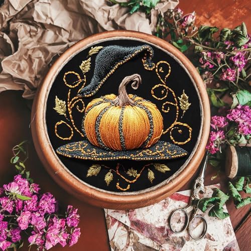FONNUY Pumpkin Embroidery Kit for Beginners, Pre-Stamped Pattern Kits for Adults with Hoop, Easy to Follow Color Thread Needlework, 8'' Hoop (Witch Hat 2) - Image 5