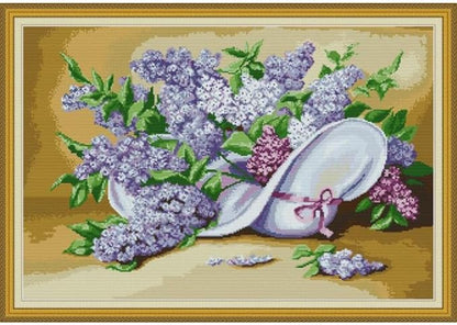 JOYSEWING Flowers Stamped Kits Counted Cross Stitch Easy Printed Patterns Embroidery Kits for Beginners Wall Art DIY Home Decor Printed Pattern Canvas (Lilac(14CT) 24.41 ×17.32 inch)