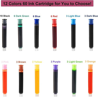 TIANREN Calligraphy Pen set,Fountain Pens with 8 Different Replaceable Nibs with 60 Ink Cartridges(12 Colors),Calligraphy set for Beginner Writing Drawing.