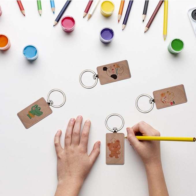 Blank Wooden Key Chain 10 Pieces,Rectangle Wood Blanks for Key Chains, Wood Engraving Blanks for DIY Gift CraftsBlanks Unfinished Wooden Key Ring Key Tag for DIY Gift Crafts