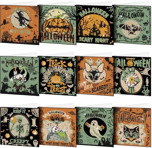 Saillong 12 Pack Halloween Diamond Painting Greeting Card Kits DIY Halloween Diamond Art Cards with Envelopes Green Black Cat Skull 5D Rhinestones Painting Kit for Adults DIY Craft Family Friend Gifts by Saillong