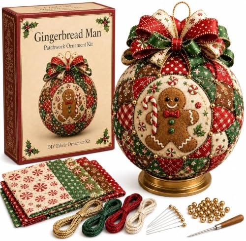 Christmas Classics Patchwork Ornament DIY Kit, Quilted Tree Fabric | Decor Set, Holiday Tabletop Craft for Beginners, Santa Reindeer Snowman Ornament, Xmas Craft Gift for Adults (Ginger) by Unknown