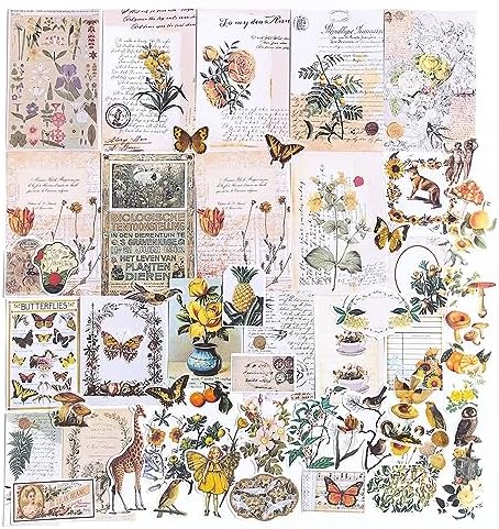 Alideco 200pcs Vintage Scrapbook Stickers Kawaii Fairy Scrapbooking Paper Washi Junk Journaling Supplies Collage Album Aesthetic Cottagecore Picture Frames(Plant Butterfly) by Alideco