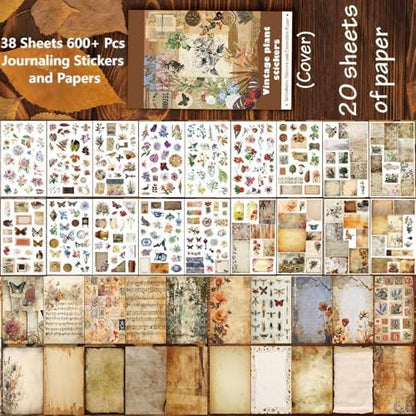 347Pcs Journaling Stickers and 20 Sheets Scrapbook Paper, Vintage Scrapbooking Kit, Plant Flower Butterfly Background Ephemera for Junk Journal Supplies, Planners, Bujo, Collage Art - Image 2
