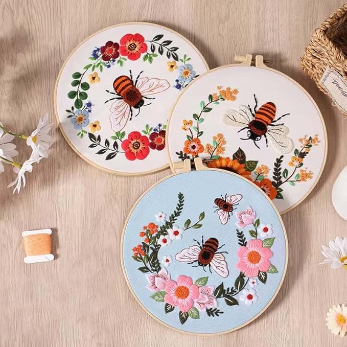 3 Pack Bees Flowers Embroidery Kit for Beginner Adults, Includes Clear Instructions, Embroidery Hoop, Stamped Patterns, Colorful Threads, Tools.Hand Craft Lover Gifts