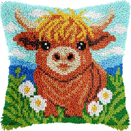 veirousa Highland Cow Latch Hook Kits for Adults Beginners, Pre-Printed Animal Latch Hook Pillow Kit, Craft Rug Making Kits, DIY Embroidery Cushion for Home Sofa Decor & Gift Idea 17x17 in. by VEIROUSA