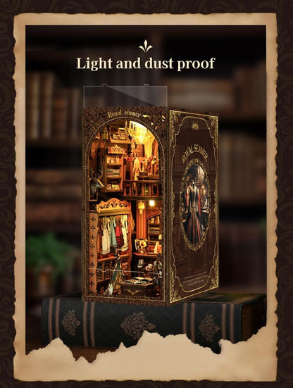 Book Nook Corner mini House Set, DIY Royal Tailor's mini Light and Shadow Book Stand Set, and 3D Wooden Puzzle Bookshelf with LED Lights for Plug-in Decoration, Suitable for Teenager. - Image 6