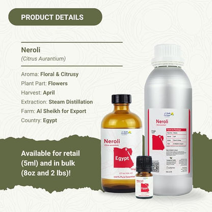 Nature Packaged Neroli Essential Oil - Direct from Al Sheikh for Export Egypt - Steam Distilled - Aceite de Neroli for Aromatherapy, Massage, Diffuser, DIY Candle and Soap Making - 2lbs