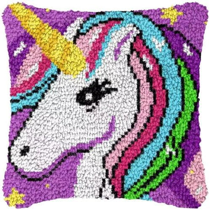 Howie's Latch Hook Kits, DIY Rainbow Unicorn Latch Hook Pillow Kit for Adults Crochet Yarn Kits, Color Preprinted Pattern Embroidery Sofa Cushion Cover (Rainbow Unicorn, 16.93 x 16.93 inch) by HowiesNeedlepoint