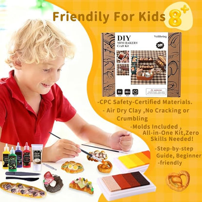 Vellibring Cute Clay Craft for Girls Teens Adults ，Air Dry Clay Kit DIY Mini Food Bread Set for Dollhouse Play Food Toys Pretend Kitchen Stores Accessories Birthday Valentine Gifts Party Favors