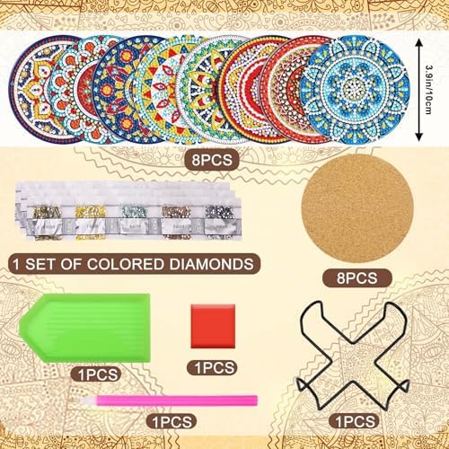 UPINS 8Pcs Mandala Diamond Art Painting Art Coasters Kits with Holder - Image 2