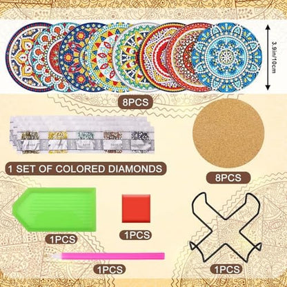 UPINS 8Pcs Mandala Diamond Art Painting Art Coasters Kits with Holder - Image 2