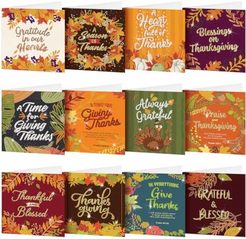 Saillong 12 Pack Fall Thanks Diamond Painting Greeting Card Kits DIY Thanksgiving Diamond Art Cards with Envelope Maple Leaves 5D Rhinestones Paint Card for Adults DIY Crafts Family Friend Autumn Gift by Saillong