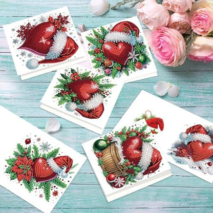 antor 6 Pack 5D Christmas Diamond Painting Cards, Heart Design with Santa Hat DIY Diamond Art Cards with Envelopes, Handmade Rhinestone Valentine’s Day Greeting Card Set for Adults - Image 5