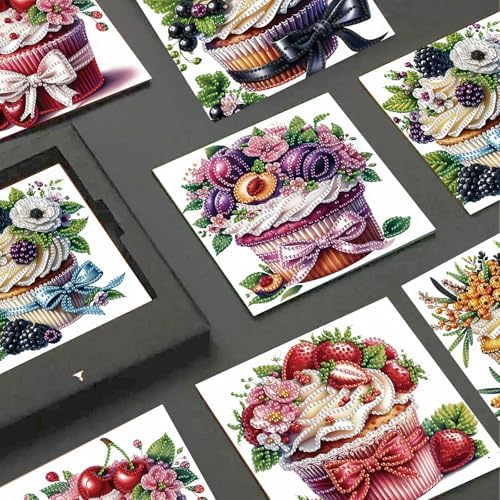 JISHSHAY 6 PCS Cupcake Diamond Painting Greeting Cards Cake Diamond Art Birthday Cards with Envelopes Gem Art Mosaic Kits for Adults, for Anniversary Valentine Thank You Graduation All-Occasion - Image 4
