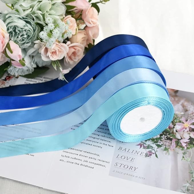 TONIFUL 1 Inch x 125 Yards 5 Colors Satin Ribbon Rolls, Mixed Blue Color Set Fabric Ribbon for Gift Wrapping Embellish Wedding Birthday Party Decoration Bow Making Floral Craft Sewing（Blue）