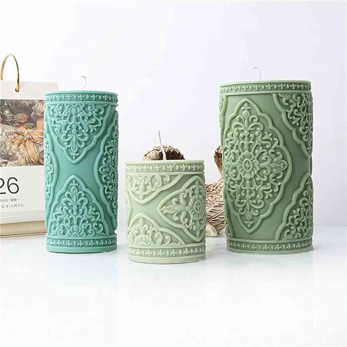 Grainrain 3D Lace Flower Column Silicone Candle Mold Decorated Pillar Candle Mould Handcrafted Silicone Molds for Candle Wax Resin Gyspum Crafts Making Middle Size(ZH026)