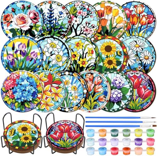 Reallnaive 8 Pcs Flower Paint by Numbers Kit for Adults Wood Floral Coaster by Reallnaive