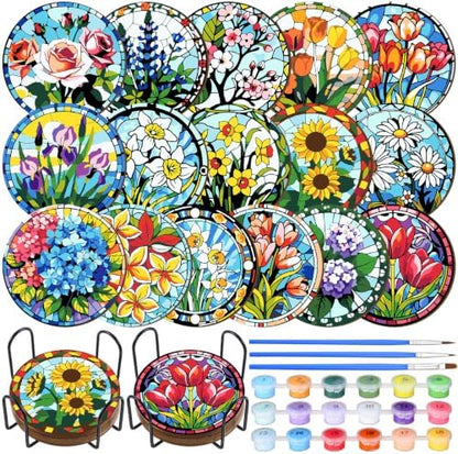 Reallnaive 8 Pcs Flower Paint by Numbers Kit for Adults Wood Floral Coaster by Reallnaive