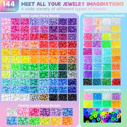 Gionlion 7 Boxes Pony Beads Bracelet Making Kit, 144 Colors 6x9mm Kandi Rave Beads, Friendship Bracelet Kit with 800Pcs Letter Bead for DIY Jewelry, Keychains, Arts and Crafts Gifts - Image 2