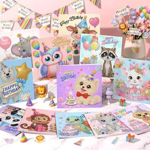 Saillong 12 Pack Happy Birthday Diamond Painting Greeting Card Kits DIY Animal Birthday Diamond Art Cards with Envelopes Cake 5D Rhinestones Painting Kits for Adults DIY Crafts Family Friend Gifts - Image 6