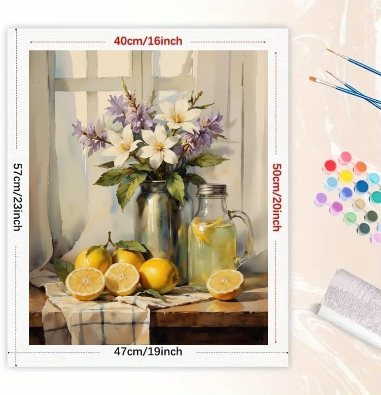 Still Life Paint by Numbers Kit for Adults - DIY Lemons and Flowers by Window Painting on Rolled Canvas 16x20 Inches, Acrylic Paint Set, Suitable for Beginners, Art for Home Decor or Gifts - Image 3