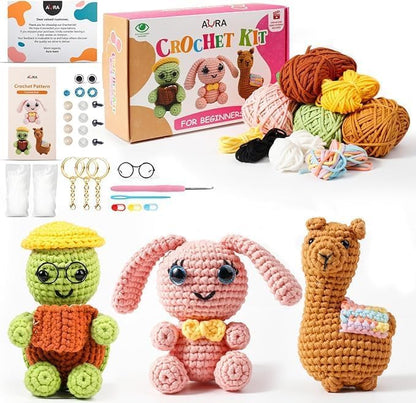A-URA 3-in-1 Learn to Crochet Kit for Beginners Kids and Adults, Premium Pattern Sunflower, Panda Cactus, Hanging Pot Plant Beginner Crochet Kits with Easy Tube Yarn (3, Animal Pattern) by AURA