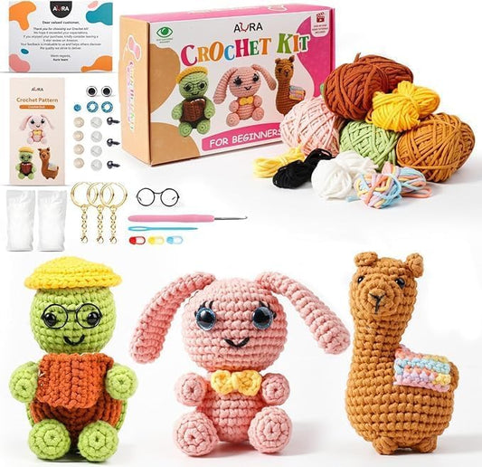 A-URA 3-in-1 Learn to Crochet Kit for Beginners Kids and Adults, Premium Pattern Sunflower, Panda Cactus, Hanging Pot Plant Beginner Crochet Kits with Easy Tube Yarn (3, Animal Pattern) by AURA