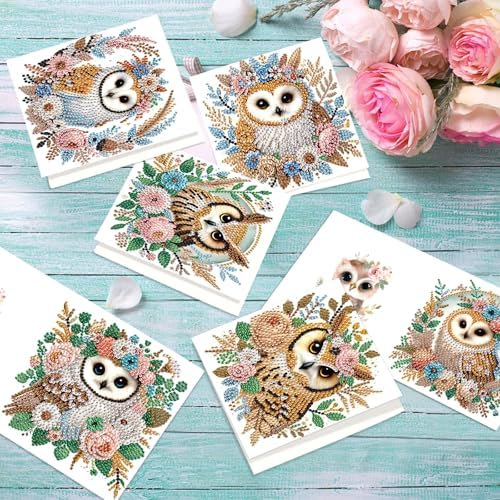 Tontut 6pcs Diamond Painting Kit Greeting Card, Owl 5D DIY Diamond Handmade Holiday Greeting Card with Envelope, Christmas Gift Congratulation - Image 5