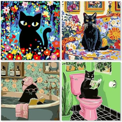 NAIMOER 4 Pack Black Cat Paint by Numbers Kits for Adults Beginner with Wooden Framed, Color by Numbers on Canvas Painting Kits for Adults, Easy Paint DIY Acrylic for Home Wall Decor 8X8 Inch by NAIMOER