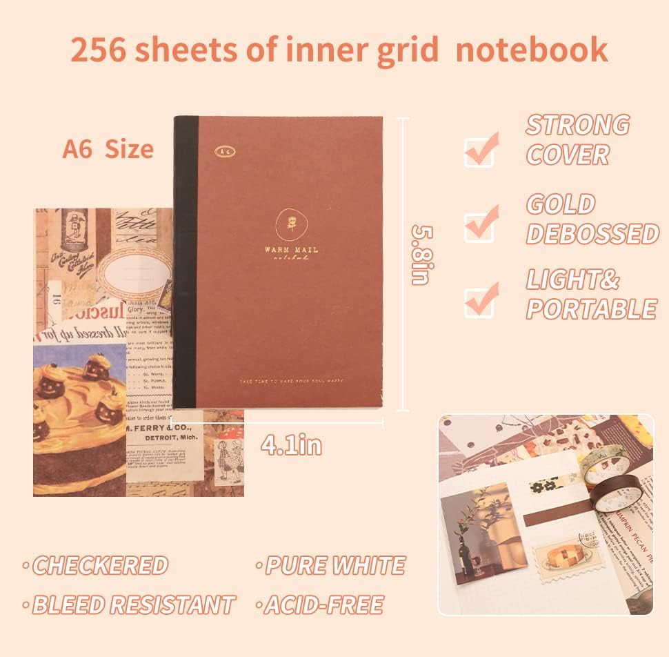 emmoolife 348 Pcs Scrapbooking Supplies Kit, Vintage Aesthetic Scrapbook Kit for Bullet Junk Journal, Stationery, A6 Grid Notebook, DIY Journaling Supplies, Birthday Craft Gift for Teen Girl Women - Image 5