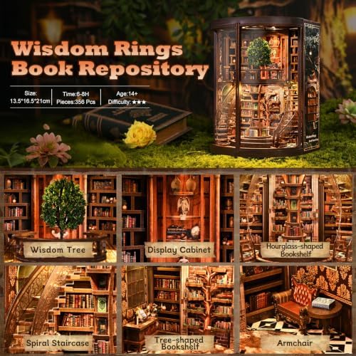Wisdom Library Book Nook Kit for Adults - 3D Wooden Puzzle with LED Lights, Miniature Dollhouse Bookshelf Decor, Model Building Craft Set, Relaxing DIY Gift for Book Lovers, Teens, and Family - Image 3