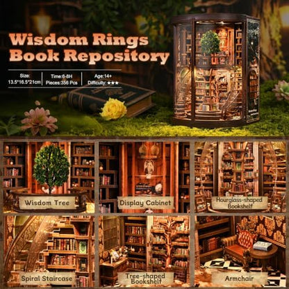 Wisdom Library Book Nook Kit for Adults - 3D Wooden Puzzle with LED Lights, Miniature Dollhouse Bookshelf Decor, Model Building Craft Set, Relaxing DIY Gift for Book Lovers, Teens, and Family - Image 3