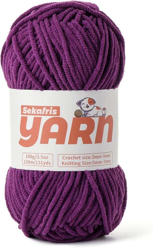 Plush Chunky Chenille Yarn for Crocheting, Soft Fluffy Velvet Yarn for Crocheting, Fuzzy Baby Blanket Knitting Yarns, 100g/131yds Bulky Amigurumi Yarns（Dark Purple）