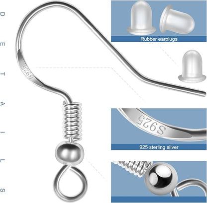 925 Sterling Silver Earring Hooks 120 PCS/60 Pairs, Ear Wires Fish Hooks, Hypo-allergenic Jewelry Findings Parts with 120 PCS Clear Silicone Earring Backs