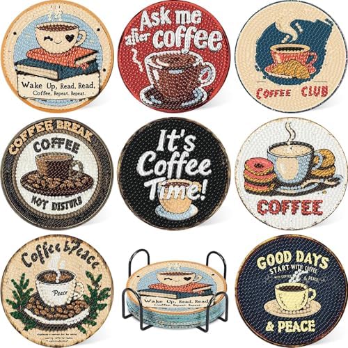Coffee Diamond Art Coasters Kit for Adults, Diamond Painting Coasters 8 Pcs by hkejoi